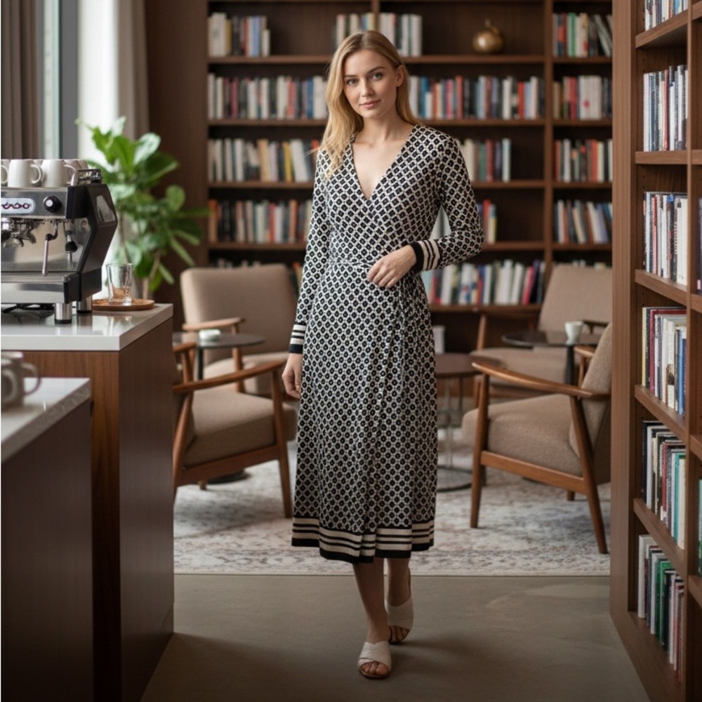 Grayson Houndstooth Wrap Dress Women’s Small Black Ivory Long Sleeve Midi